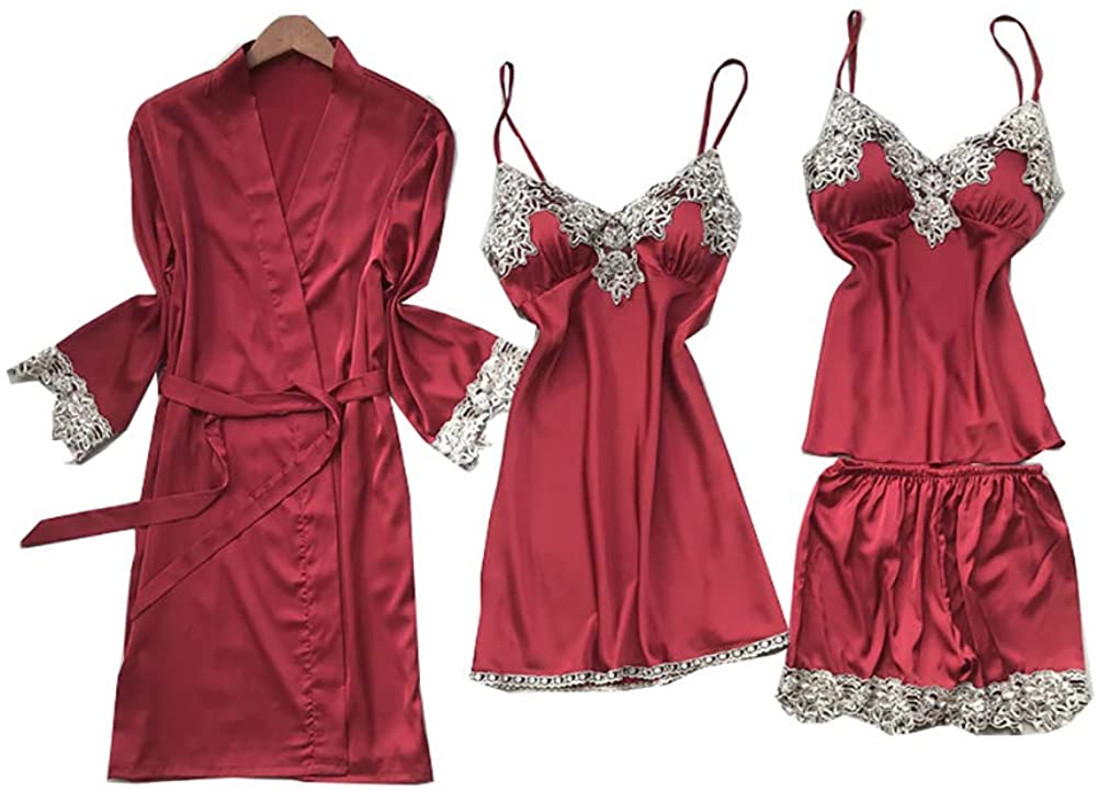 Price:$28.99 Pajamas Set Womens Sexy 4pcs Silk Satin Nightgowns Nightwear Suits V-Neck Cami Top and Shorts Robe Set Nightdress : Clothing, Shoes & Jewelry
