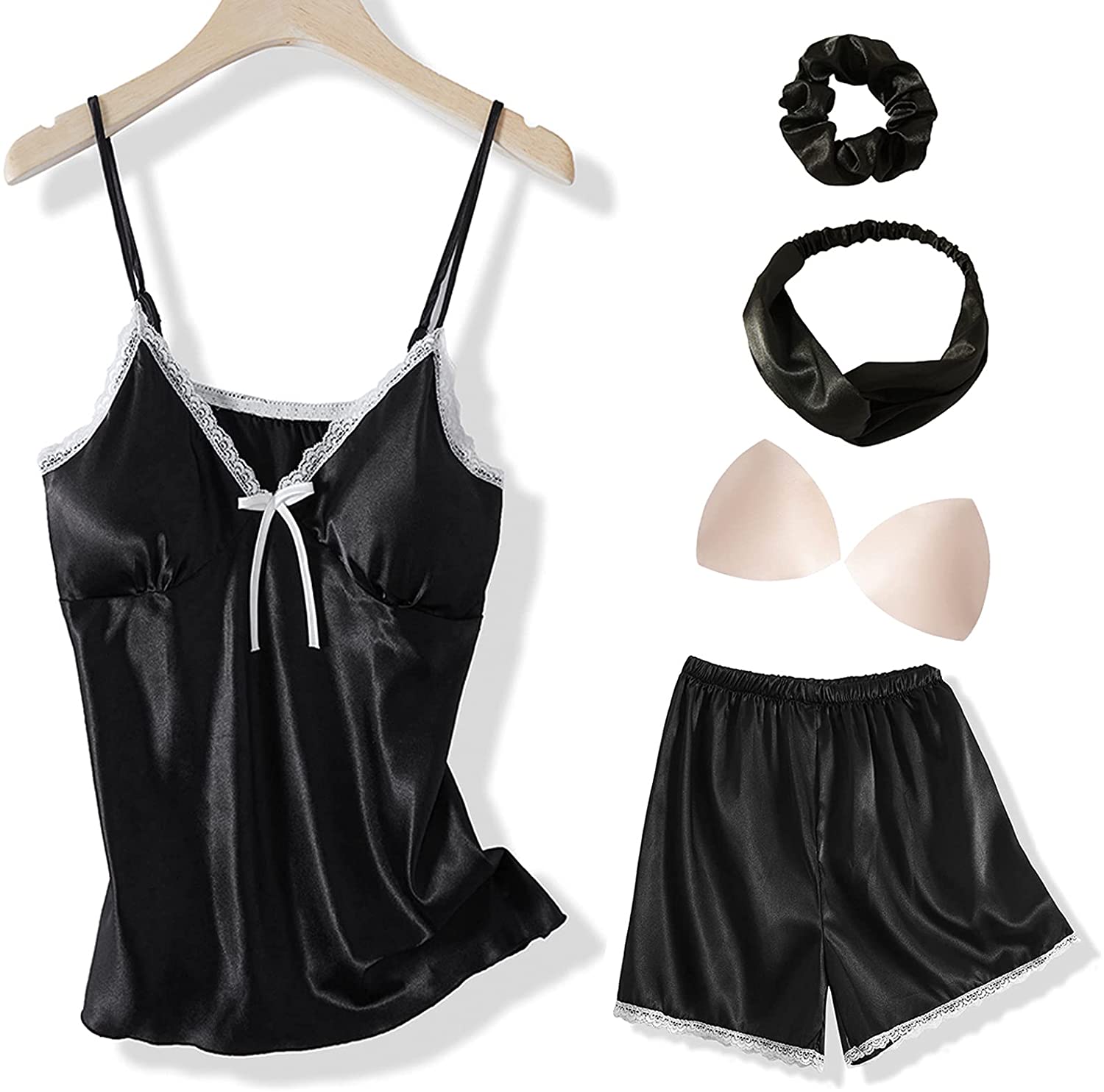 Price:$9.90 Silk Pajamas for Women 4 Piece Lace Cami Shorts Set Satin Sleepwear Sexy Nightwear at Amazon Women’s Clothing store