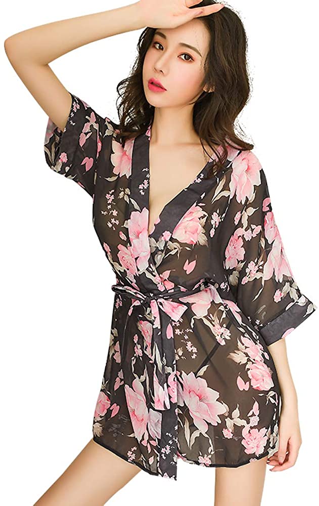 Price:$9.99 Sexy Lingerie Bandage Printed Chiffon Robe Satin Wedding Kimono Bridal Dressing Gown Nightgown Set (7742Black): Clothing, Shoes & Jewelry
