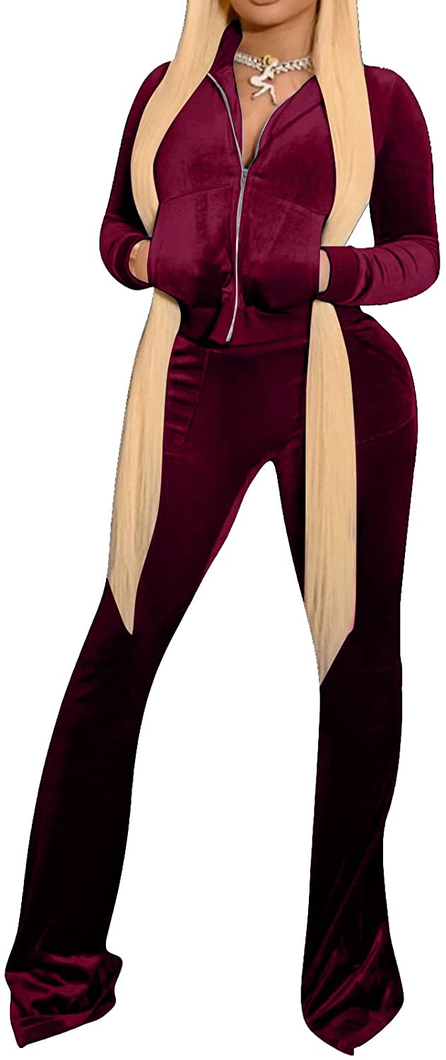 Price:$27.99 Sweat Suits for Womens Velour Tracksuits Long Sleeve Full Zip Jacket and Bell Bottom Long Pants Set with Pockets : Clothing, Shoes & Jewelry