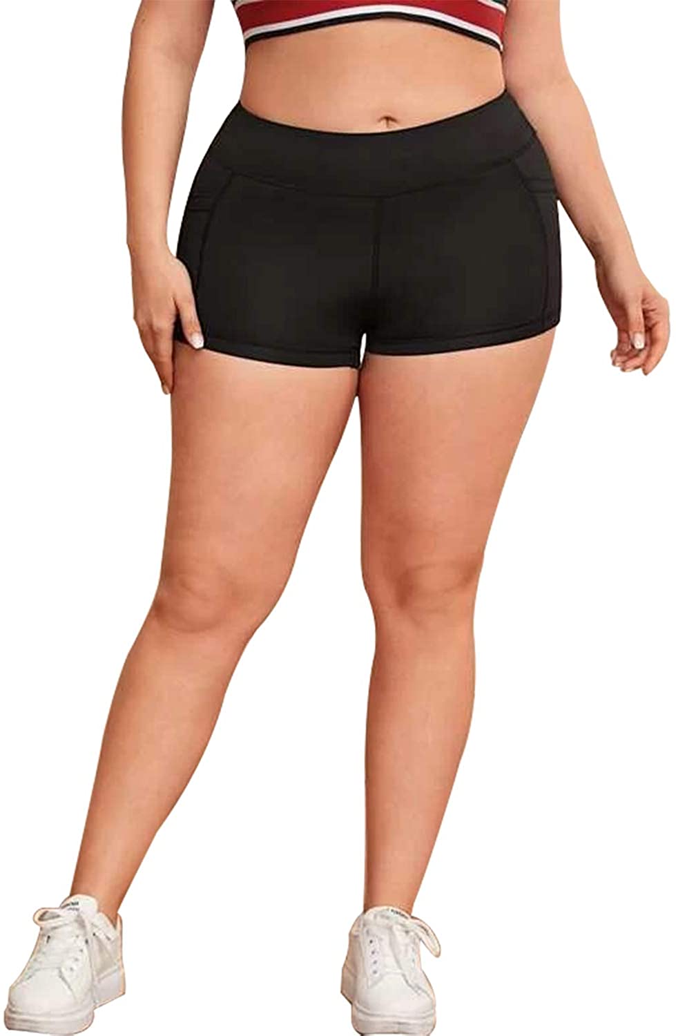 Price:$15.99 Women’s Comfy Plus-Size Athletic Shorts with Side Pockets Running Workout Shorts for Women at Amazon Women’s Clothing store