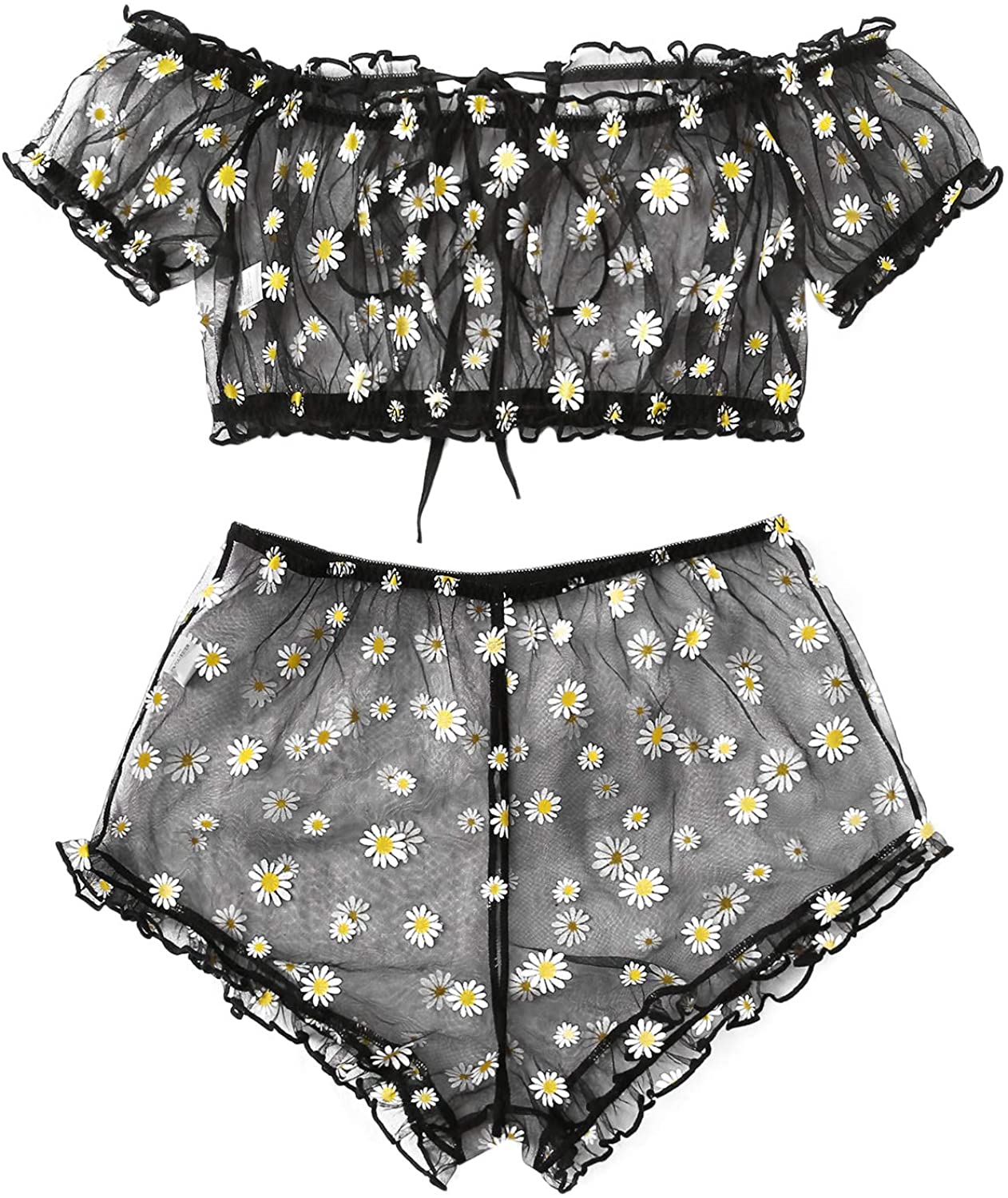 Price:$15.99 Women's Daisy Floral Ruffle Trim Lace Lingerie Bra and Panty Set Two Piece: Clothing, Shoes & Jewelry