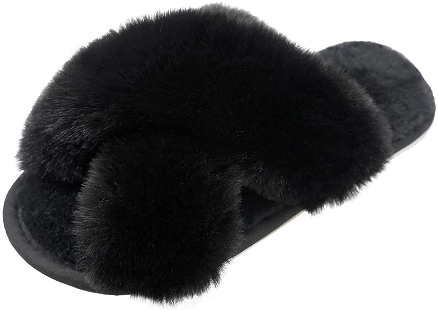 Price:$20.99 Slippers For Women-Women's Cross Band Slippers Soft Plush Furry Cozy Open Toe House Shoes Indoor Outdoor Faux Fur Warm Comfy Slip On | Slippers