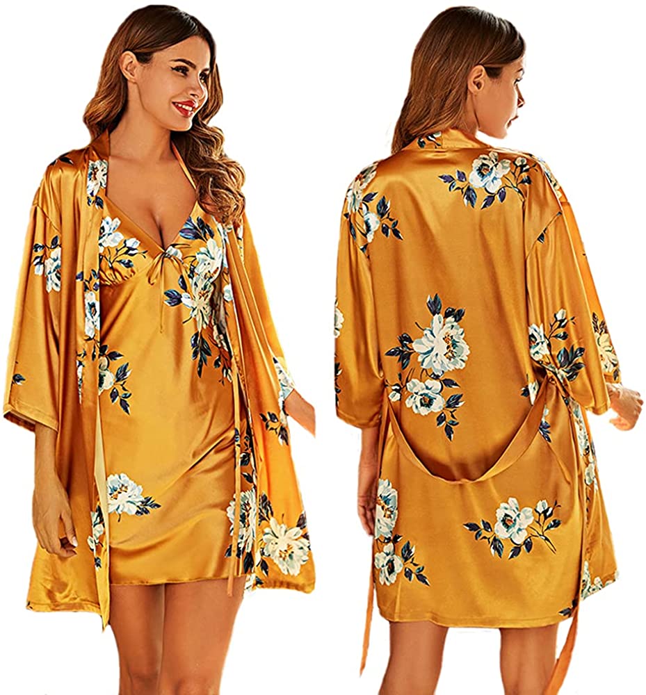 Price:$26.99 Women 2 Piece Floral Satin Sexy Robe Lightweight Soft Sleepwear Nightgown Set S-XL: Clothing, Shoes & Jewelry