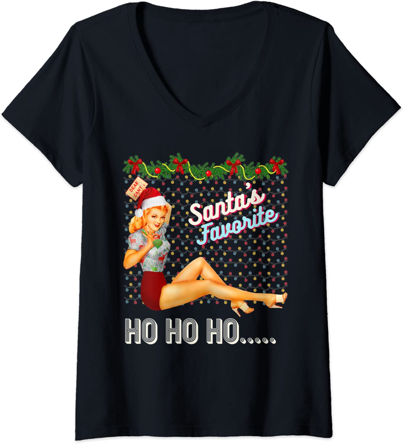 Price:$19.99 Santa's-Favorite-Ho Ho Ho Nice Naughty Dirty Joke Meme Retro V-Neck T-Shirt : Clothing, Shoes & Jewelry
