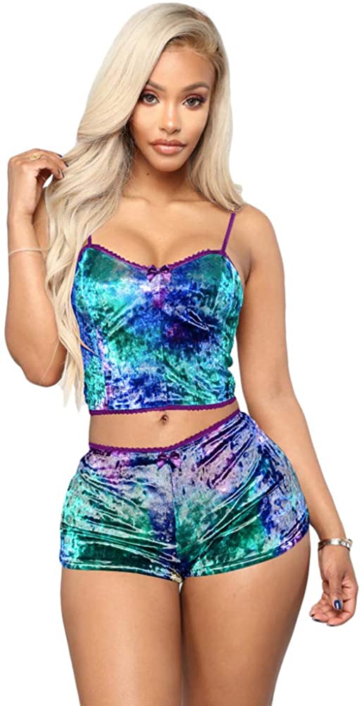 Price:$10.99 Sexy Velvet Strappy Camisole Cami Top Shorts 2 Piece Pajama Sleepwear Outfit Nightwear set Tie Dye 2 at Amazon Women’s Clothing store
