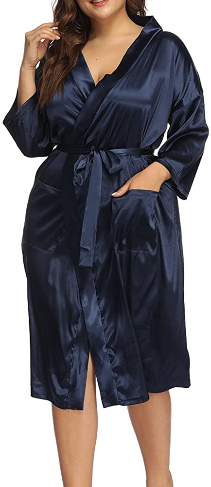 Price:$24.99 Women's Plus Size Robes Silky Satin Long Kimino Bridesmaids Sleep Lounge Robe at Amazon Women’s Clothing store
