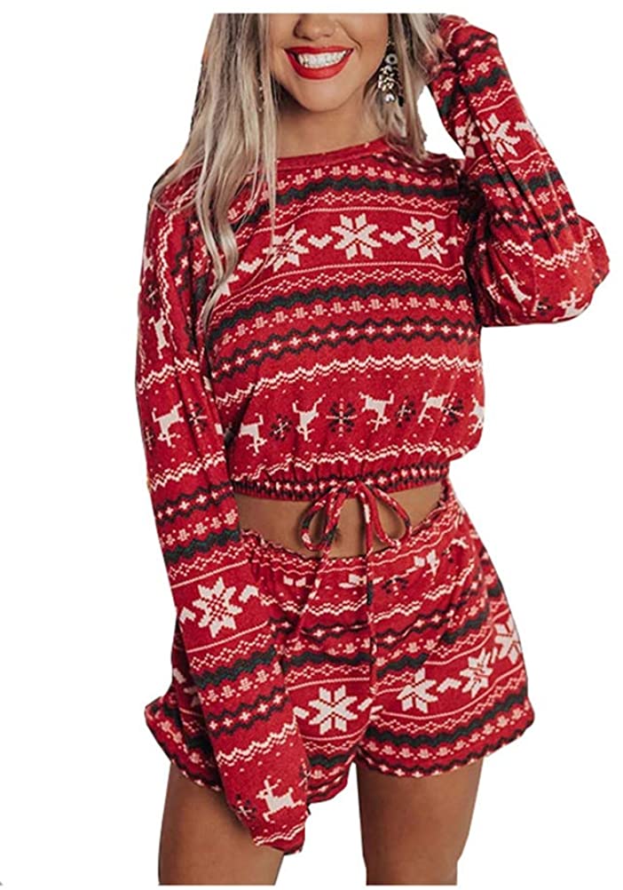 Price:$30.89 Women Casual Lounge wear Sets Christmas Soft Pajamas Sets Long Sleeve Tops Shirts and Shorts Sleepwear Night Shirt at Amazon Women’s Clothing store