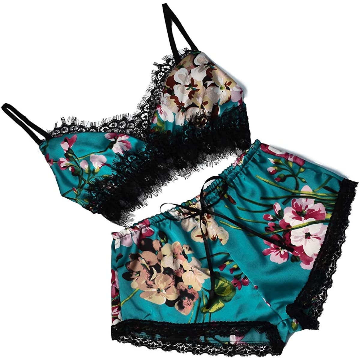 Price:$15.99 for Women Floral Sexy Satin Pajama Sets Lace Trim Cami and Shorts Two Piece Straps Bralette and Panty Sleepwear at Amazon Women’s Clothing store