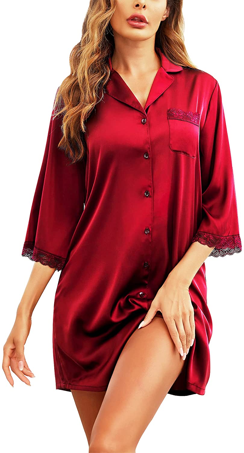 Price:$23.86 Women's Sleepwear 3/4 Sleeve Satin Nightgowns V-Neck Button Down Nightwear Lace Trim Boyfriend Nightshirt at Amazon Women’s Clothing store