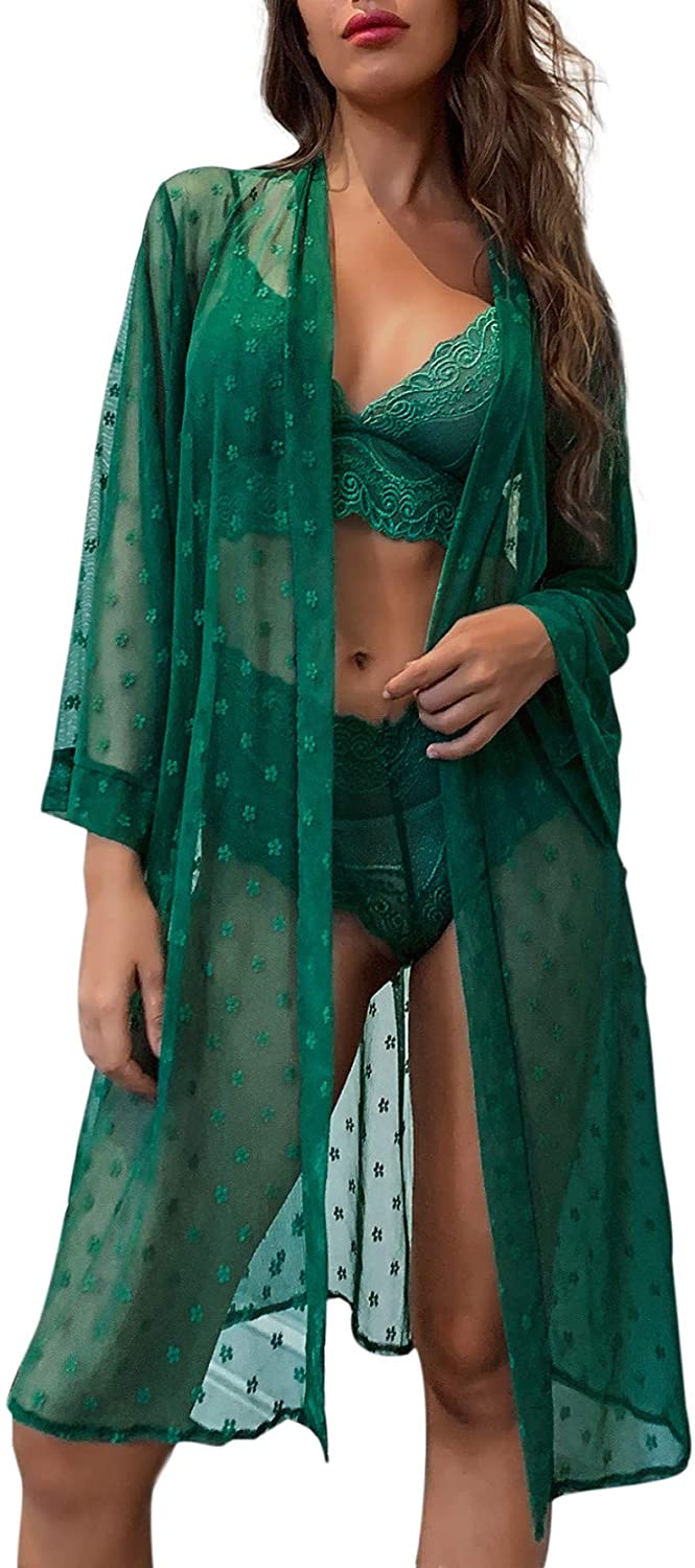 Price:$23.99 Women's Sexy Kimono Robe Set Lace Cami and Shorts Lingerie Mesh Pajamas: Clothing, Shoes & Jewelry