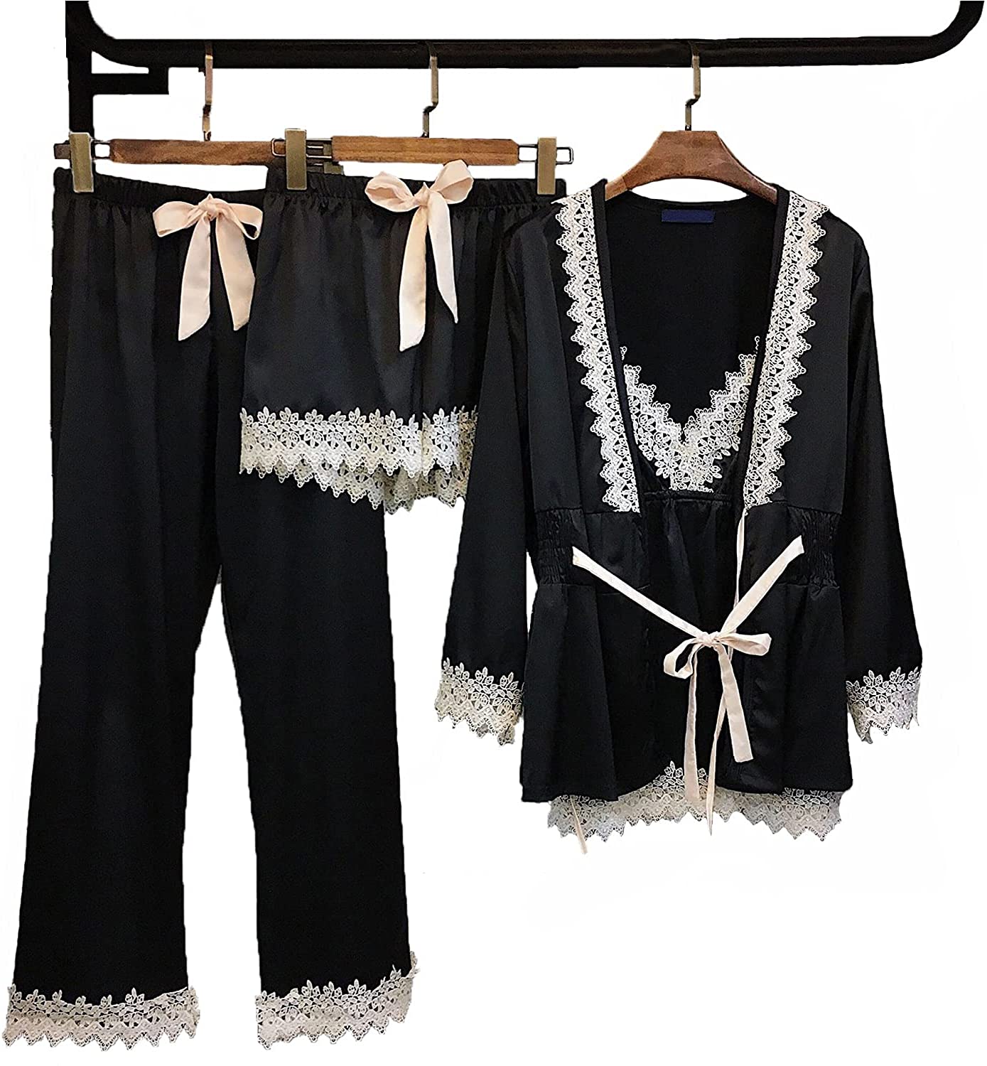 Price:$49.99 Pajama Set for Women with Robe,Satin Sleepwear Lace Cami Top Lingerie Shorts Pants Trousers (Black) at Amazon Women’s Clothing store