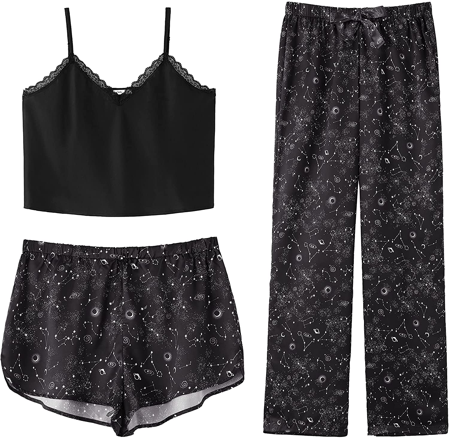 Price:$34.99 Sandia Women's 3 Piece Lace Trim Cami Top and Shorts Pants Satin Pajama Set at Amazon Women’s Clothing store