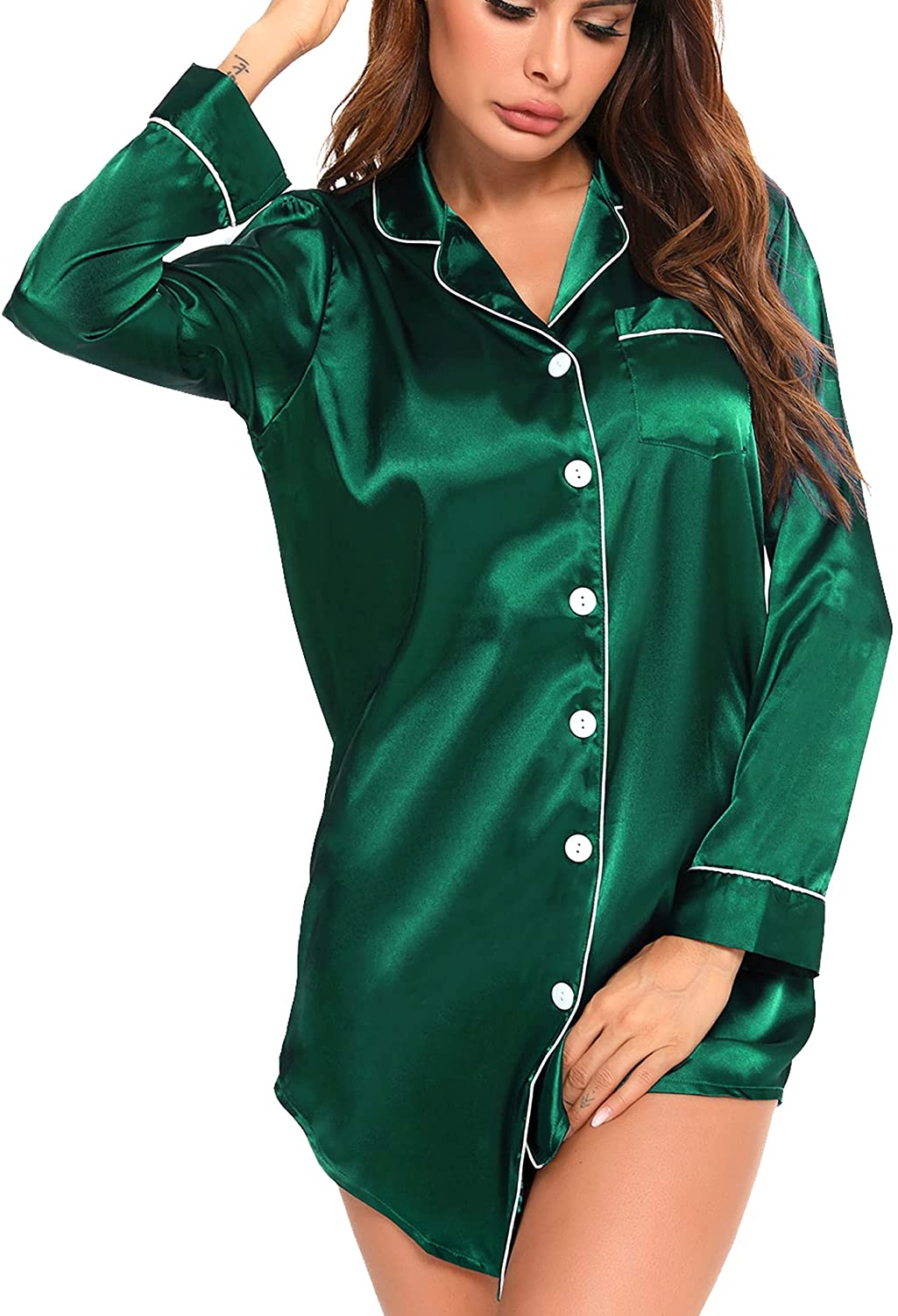Price:$12.99 Women's Satin Sleep Shirt Long Sleeve Sleepwear Silk Nightshirt Button Down Pajama Top at Amazon Women’s Clothing store