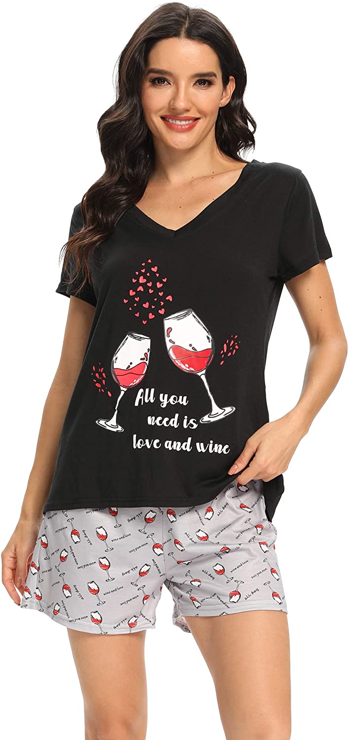 Price:$14.99 Women's V-Neck Pajama Sets Funny Red Wine Glass Sleepwear Summer Short Sexy Nighty at Amazon Women’s Clothing store