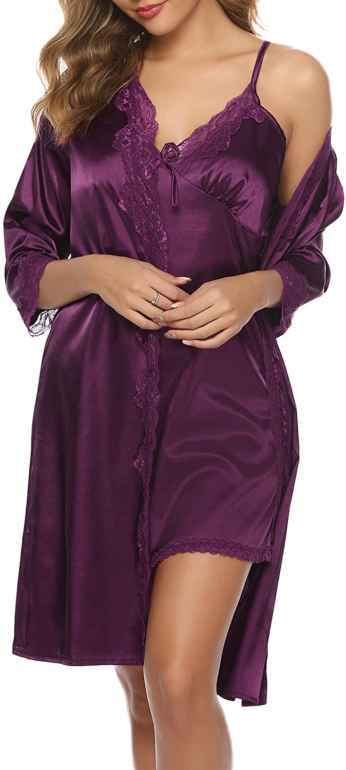 Price:$7.99 Sexy Satin Robes for Women Lace Pajamas Set 2 Piece Sleepwear Ladies Lingerie Nightgown for Bride Party at Amazon Women’s Clothing store