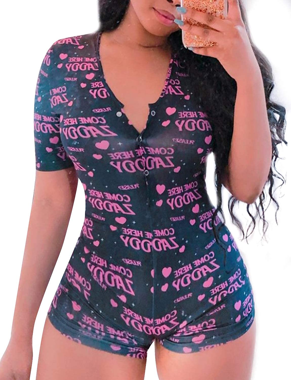 Price:$17.99 Pajamas For Women Sexy One Piece Shorts Birthday Lingerie Rompers V Neck Pattern Jumpsuit at Amazon Women’s Clothing store
