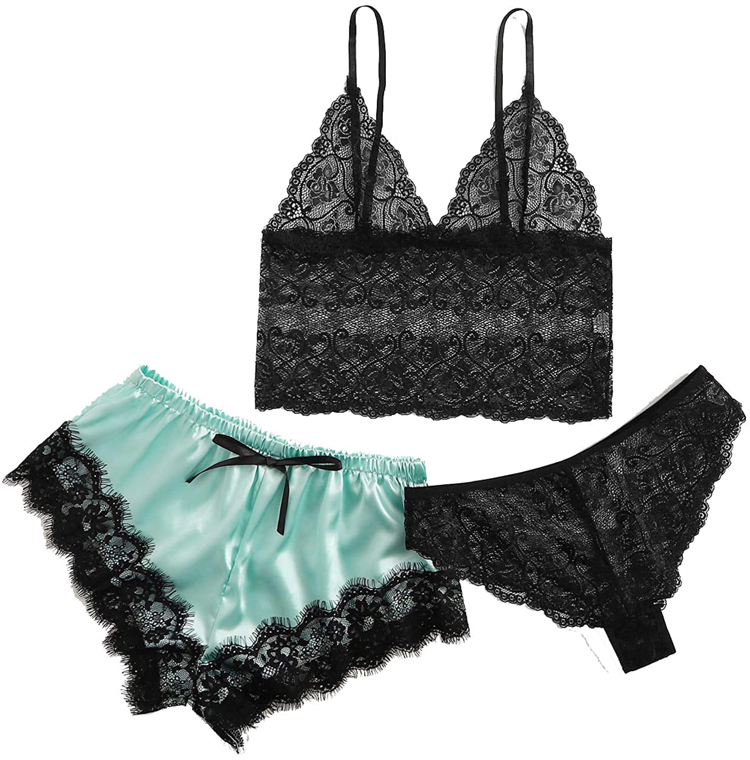 Price:$10.99 Women's Lace Cami Top with Shorts with Panties 3 Piece Set Sexy Lingerie Pajama Set Sleepwear | Amazon.com