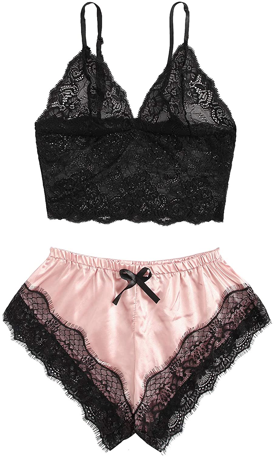 Price:$12.99 Women's Lace Cami Top with Shorts with Panties 2 Piece Set Sexy Lingerie Pajama Set at Amazon Women’s Clothing store