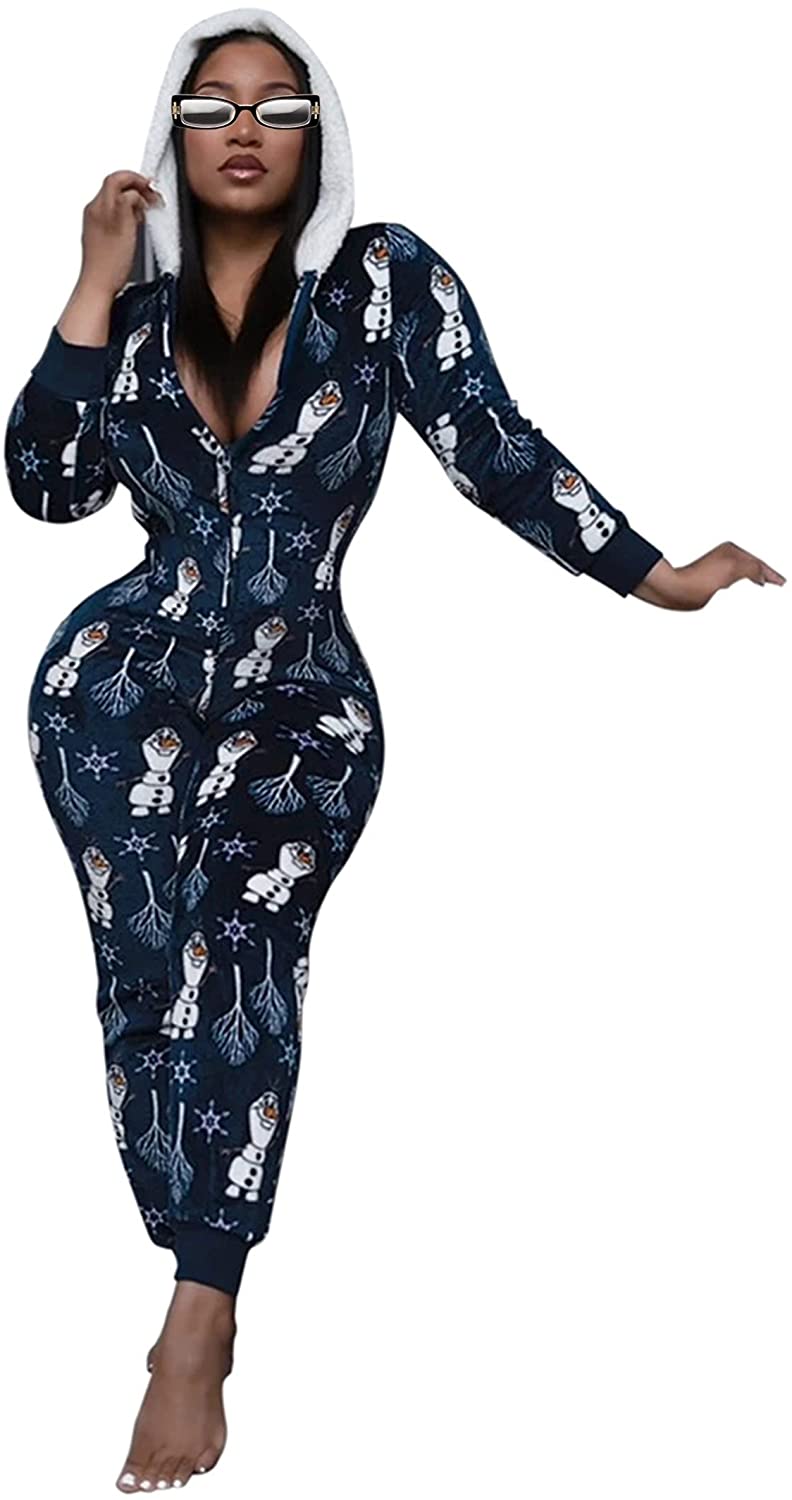 Price:$19.99 Christmas Sexy Hooded Pajama Onesie Printing Bodycon jumpsuit PJS Zipper Up Slim Romper Party Sleepwear : Clothing, Shoes & Jewelry