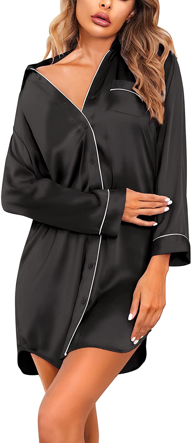Price:$15.99 Women's Long Sleeve Satin Sleepshirt Button Down Nightgowns Silk Nightshirt Pajama Top Sleepwear S-XXL at Amazon Women’s Clothing store