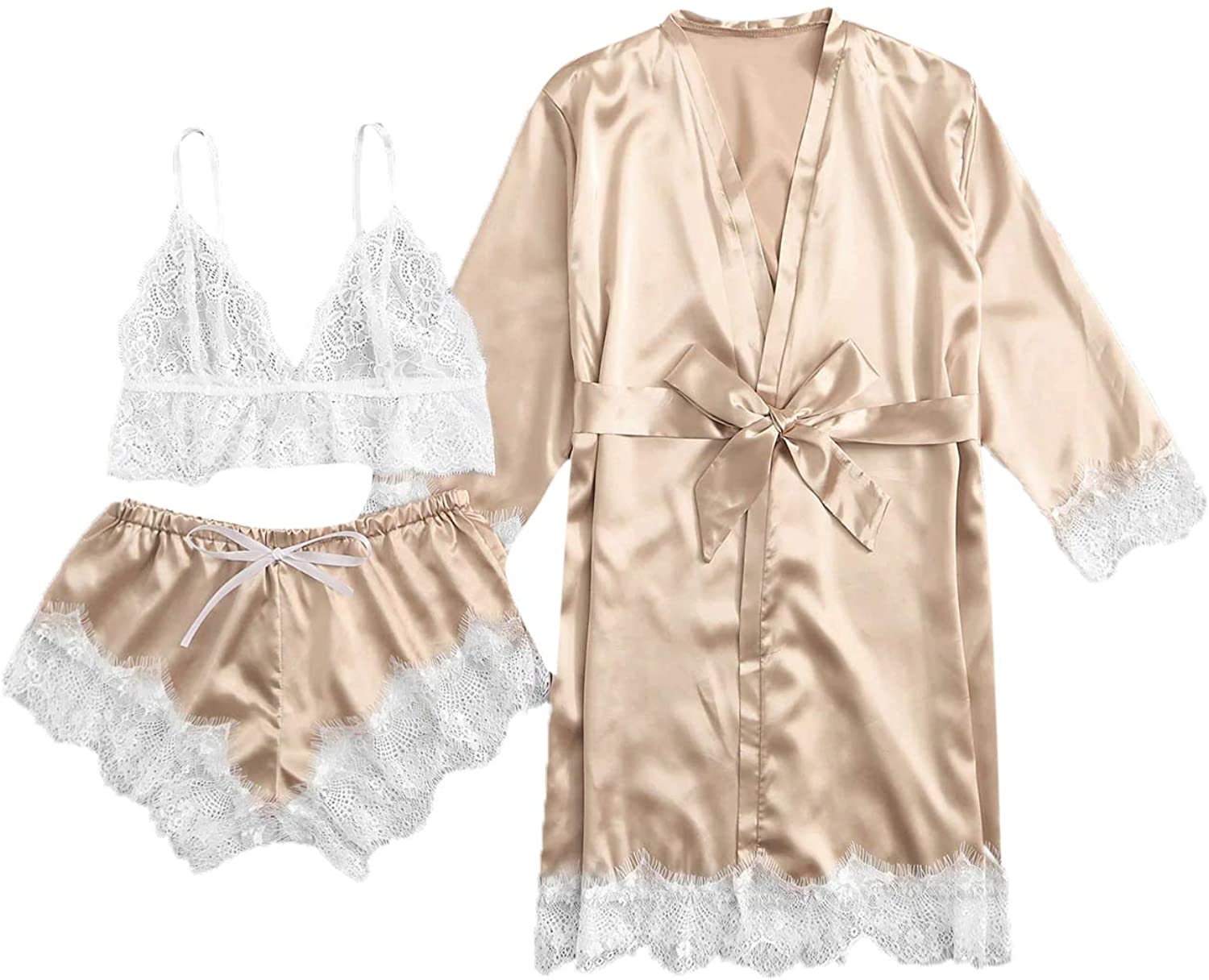 Price:$9.99 HUX Women's Sleepwear 4pcs Floral Lace Trim Satin Cami Pajama Set with Robe at Amazon Women’s Clothing store