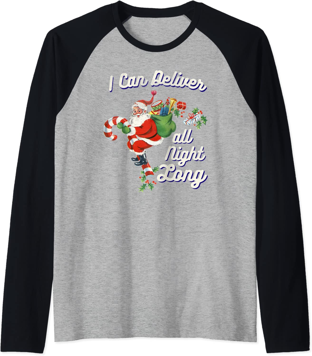 Price:$24.99 Santa I-Can-Deliver-All-Night-Long Adult Joke Vintage Raglan Baseball Tee : Clothing, Shoes & Jewelry