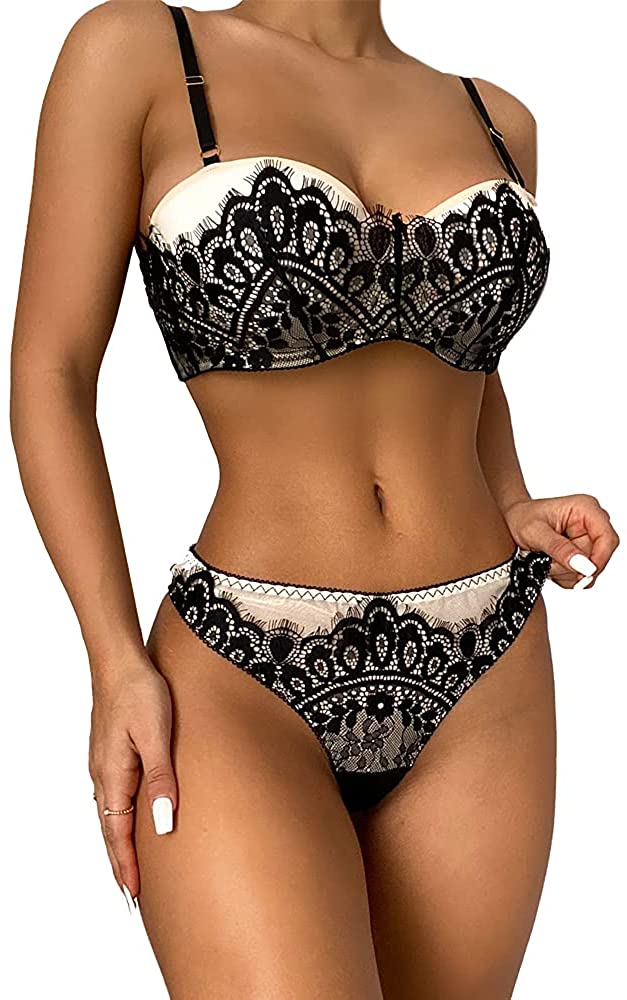 Price:$7.00 GEE Women Lingerie Lace Babydoll Sexy Lingerie Set 2 Piece Bralette Thong Panty Sets at Amazon Women’s Clothing store
