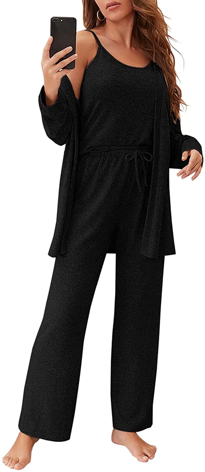 Price:$42.98 3 Piece Lounge Pajamas Set Cami Vest Wide Leg Pants and Cardigan Loungewear Nightwear at Amazon Women’s Clothing store