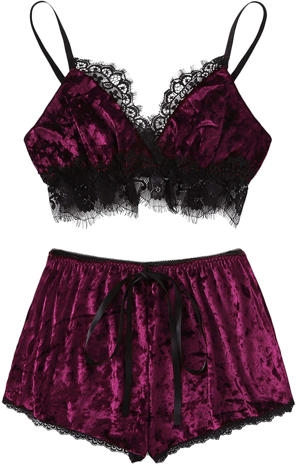 Price:$9.99 Women's Sexy Lace Trim Velvet Cami Top and Shorts Pajama Set at Amazon Women’s Clothing store