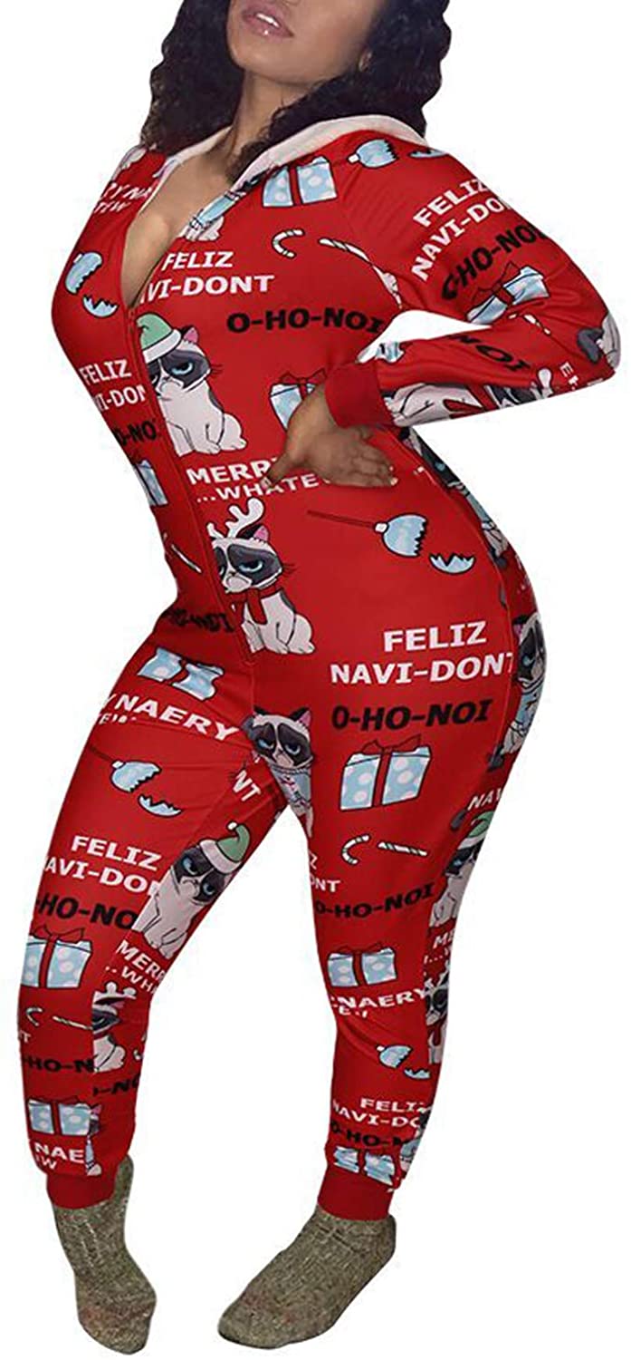 Price:$24.99 One Piece Printed Onsie Sleepwear Ugly Christmas Pajamas V-Neck Hoodie Clubwear Jumpsuit Rompers at Amazon Women’s Clothing store
