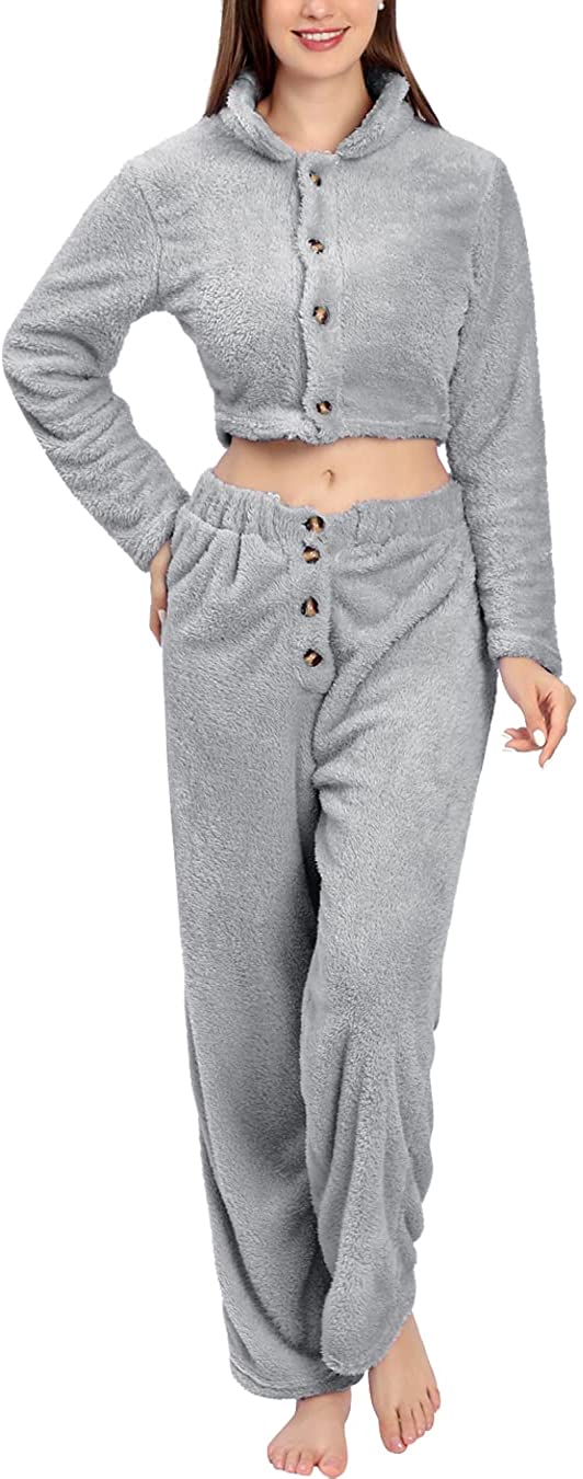 Price:$26.98 2 Piece Fuzzy Fleece Outfits Pajamas, Winter Warm Sherpa Sleepwear Button Down Crop Top and Pants Lounge Set at Amazon Women’s Clothing store