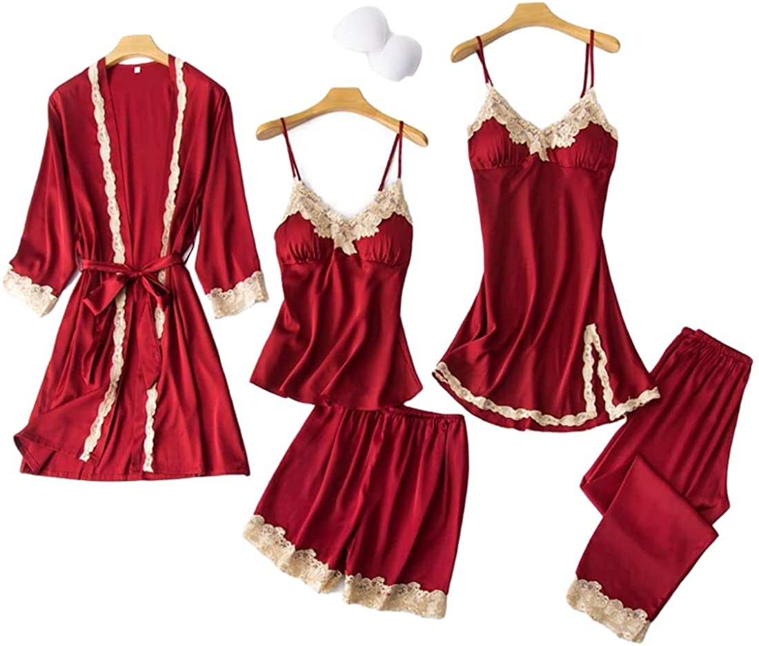 Price:$38.99 Womens Pajamas Set 5Pcs Satin Pajama Set Cute Lace Nightwear Sexy Sleepwear Cami Pjs with Robe : Clothing, Shoes & Jewelry