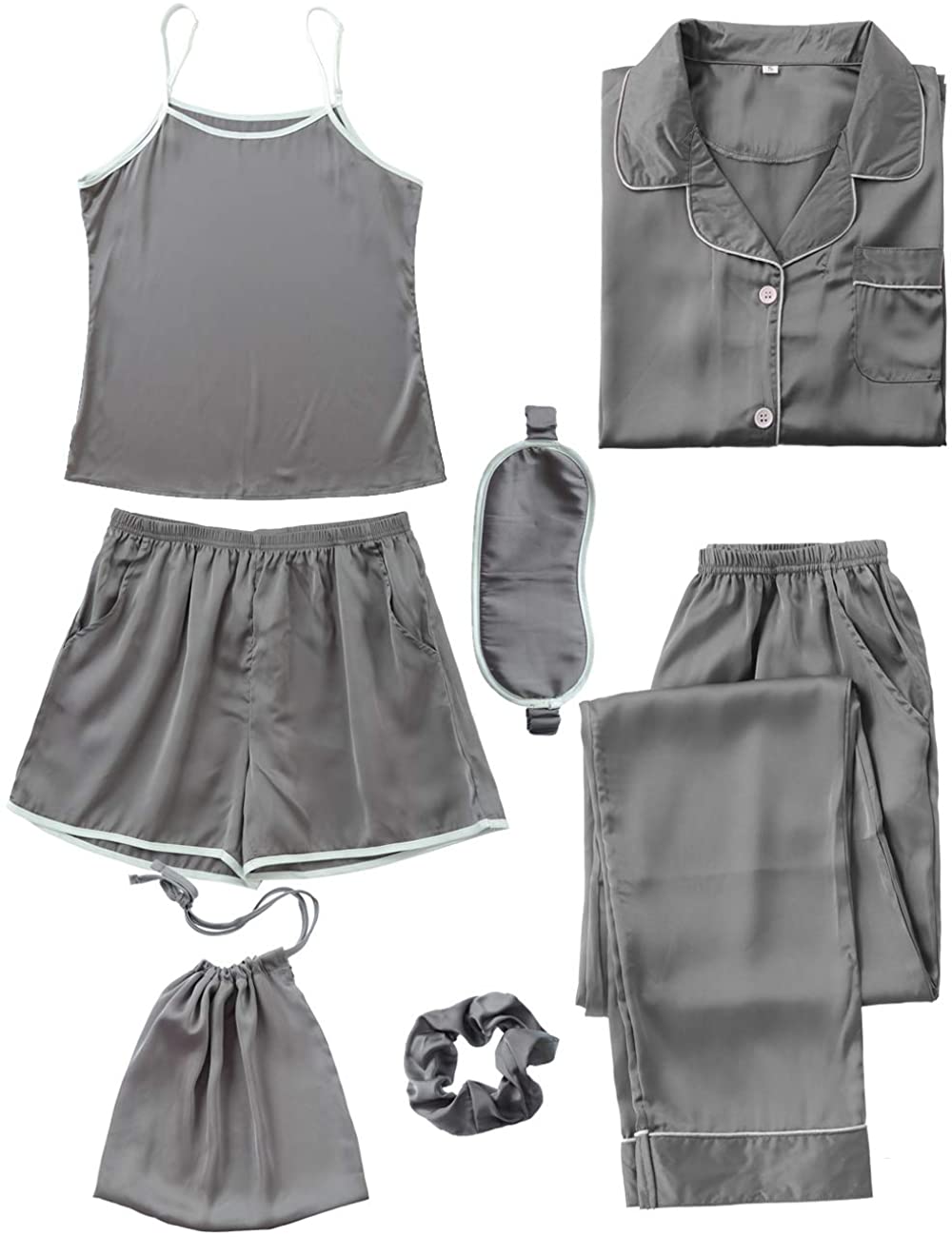 Price:$23.99 Women's 7pcs Pajama Set Satin Silk Sexy Cami Shorts Set Pjs and Button Down Long Sleeve Shirt Sleepwear Loungewear at Amazon Women’s Clothing store