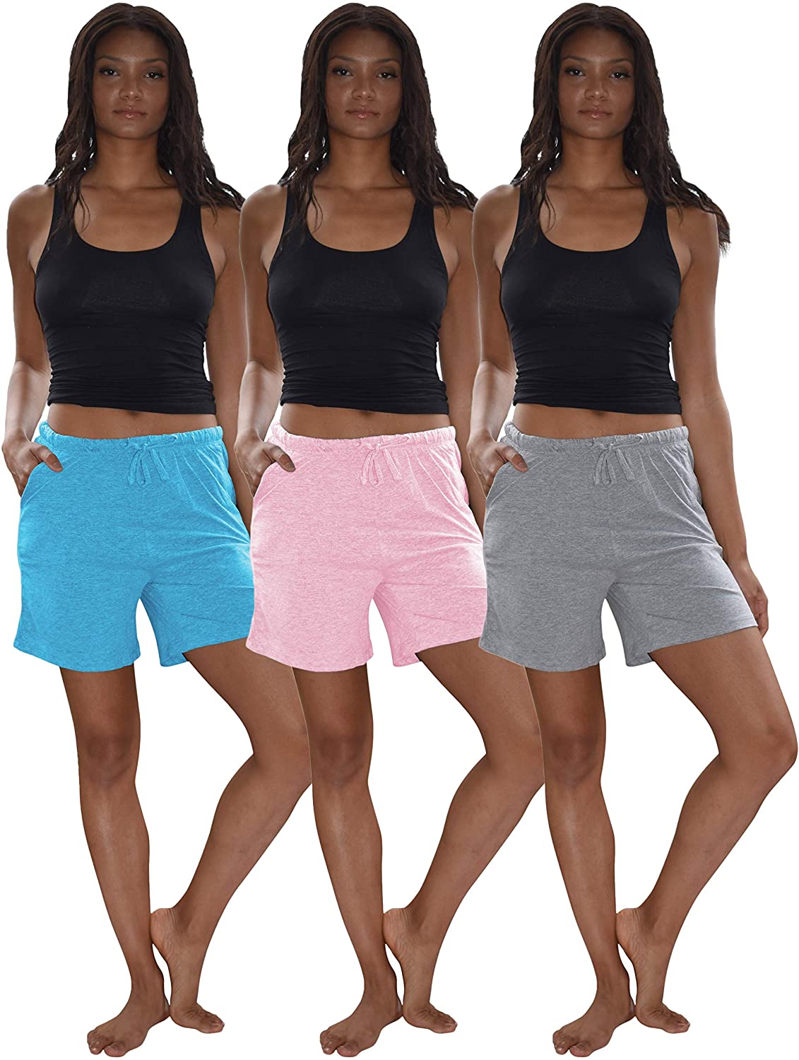 Price:$18.99 Basics Women's 3 Pack Cotton Sleep Pajama Shorts with Pockets & Drawstring at Amazon Women’s Clothing store