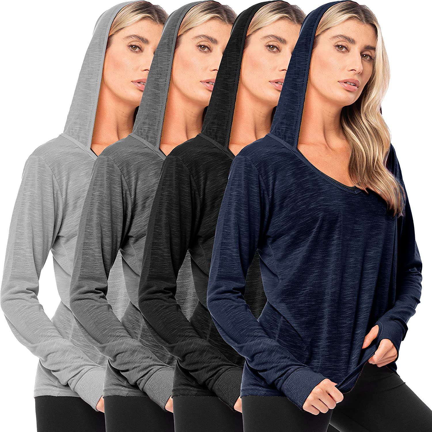 Price:$29.99 Basics Women's 4 Pack Flowy Slub Burnout Long Sleeve Hoodie V Neck Shirt with Thumb Hole/Light & Active Tops at Amazon Women’s Clothing store