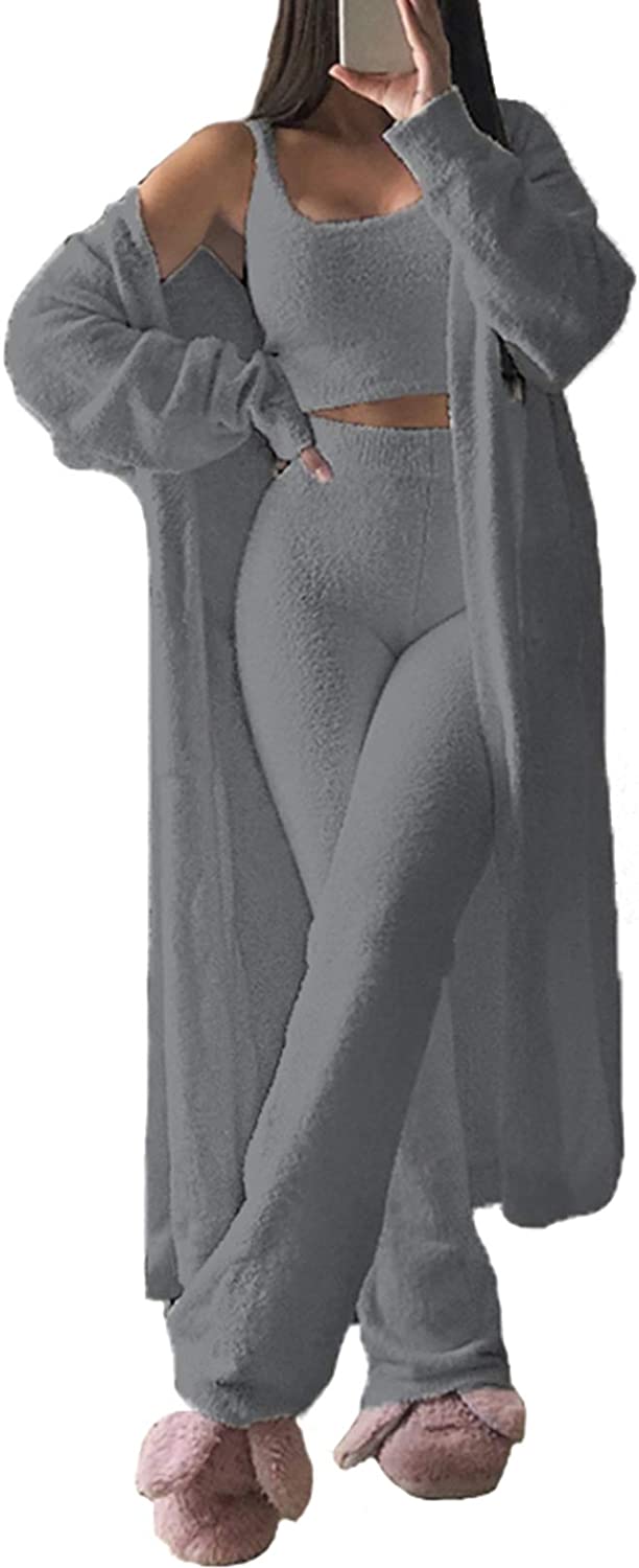 Price:$48.99 Fuzzy 3 Piece Sweatsuit Open Front Cardigan Crop Tank Tops Wide Legs Pants Lounge Sets at Amazon Women’s Clothing store
