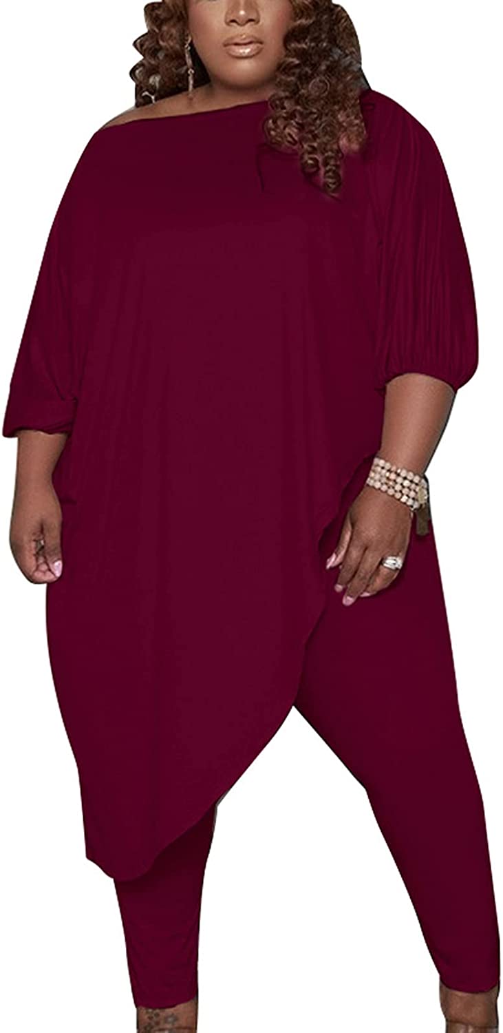 Price:$31.99 Plus Size 2 Piece Club Outfits Causal Tracksuits One Shoulder Asymmetrical Tunic Tops Sexy Legging Jogger Sets at Amazon Women’s Clothing store