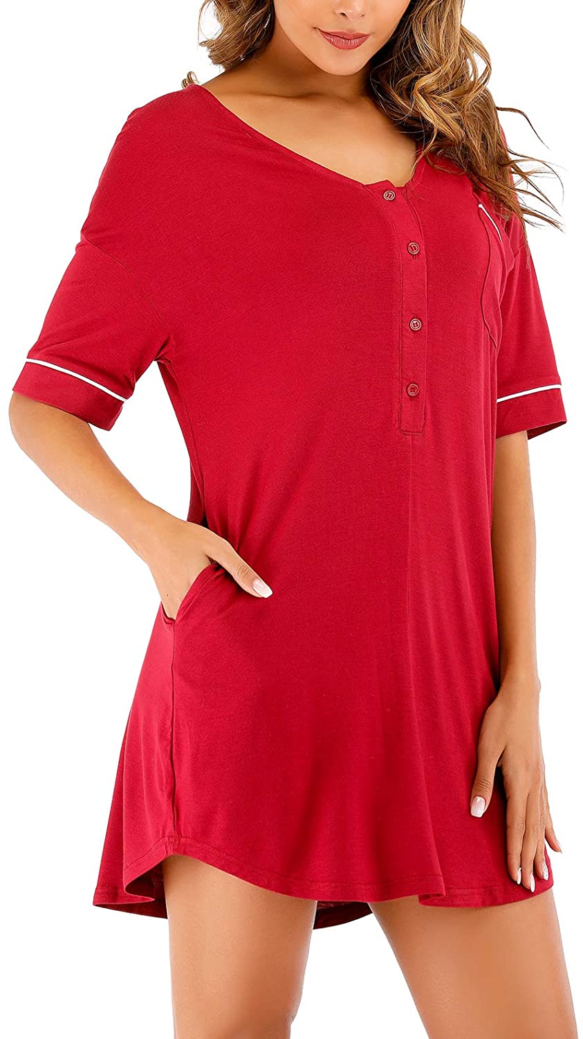 Price:$12.90 Women's Nightgown Sexy Pajamas Dress Maternity Button Down Short Sleeve V-Neck Sleepwear with Pockets at Amazon Women’s Clothing store