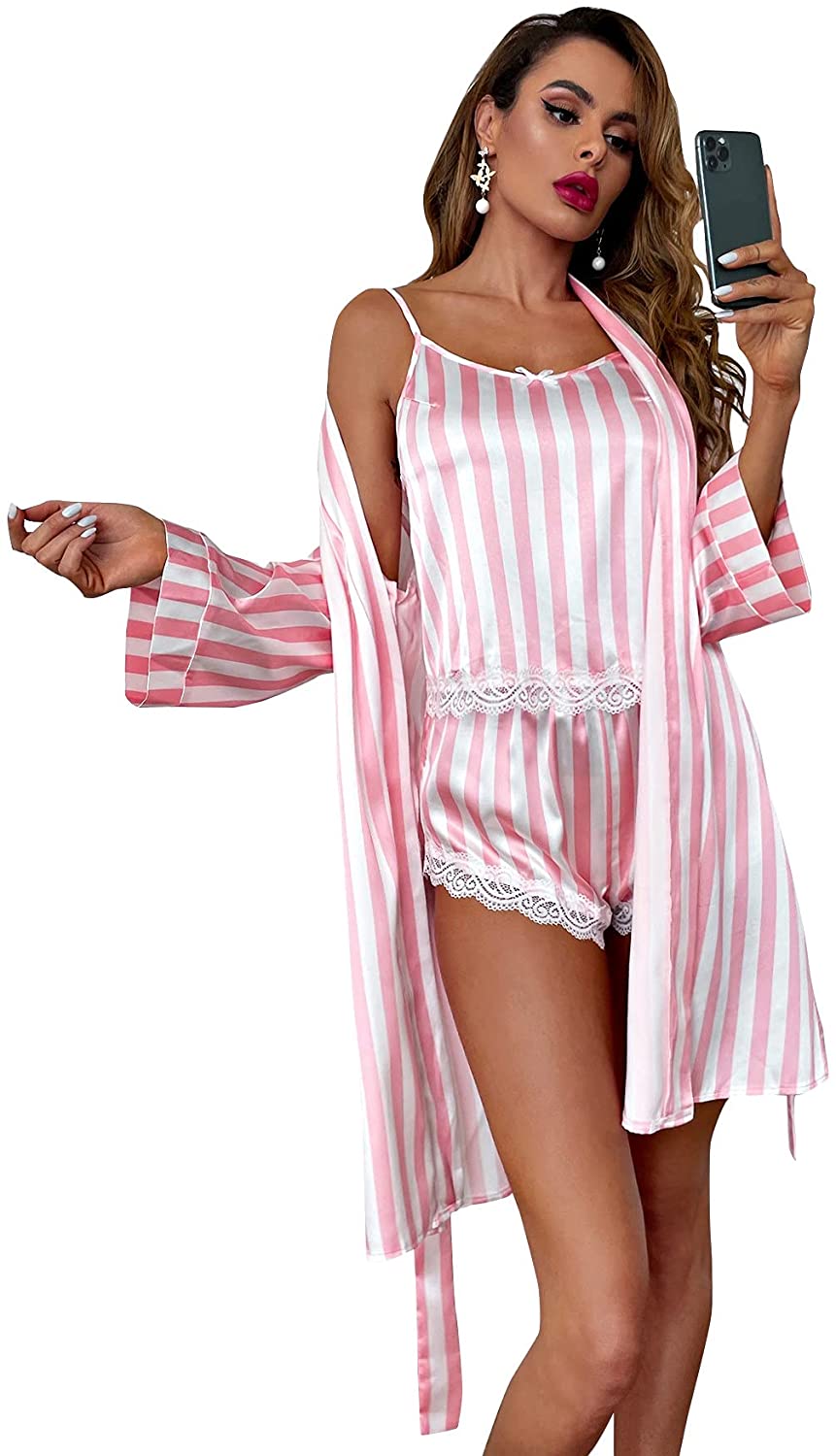 Price:$26.99 Women's Sexy Lingerie Satin Pajamas Striped Cami Shorts Set with Belted Robe at Amazon Women’s Clothing store