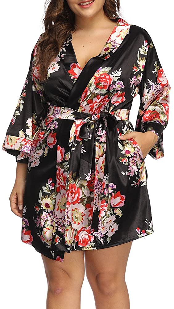 Price:$23.86 Plus Size Robes for Women Wrap Floral Print Satin Sleep Lounge Kimono Robe at Amazon Women’s Clothing store