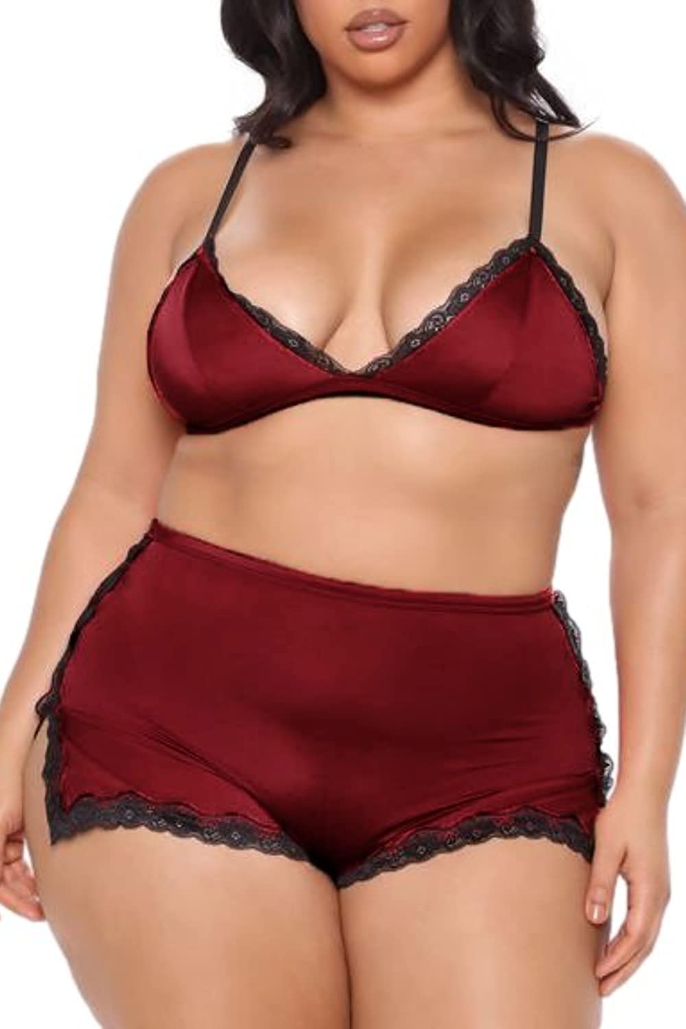Price:$14.88 Size Pajama Set for Women, Sexy Lace Trim Underwear Soft Satin nightgown Lingerie Bralette Top & Open Side Short at Amazon Women’s Clothing store