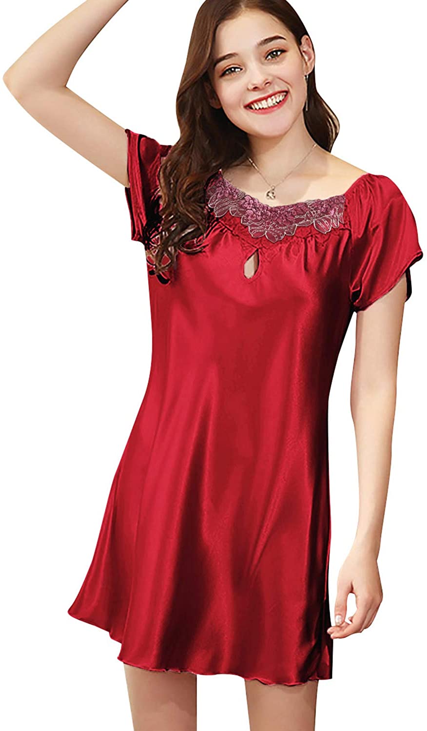 Price:$17.99 SLIM Silk Satin Sleepwear for Women Delicately Lace Chemise Bridal Babydoll Nightdress for ladies at Amazon Women’s Clothing store
