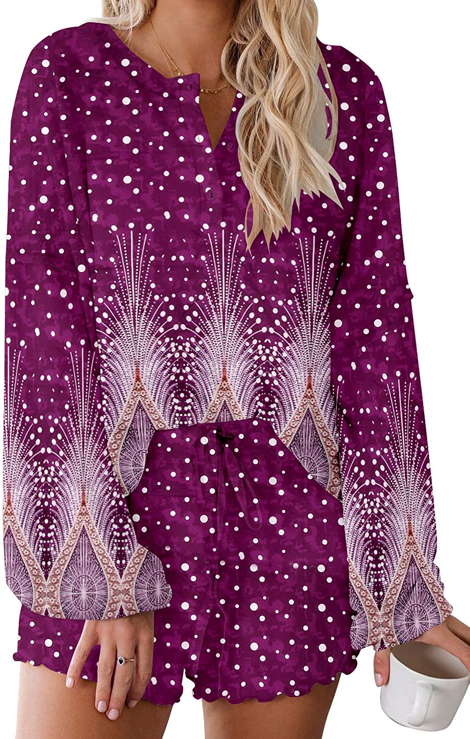 Price:$12.99 Floral Lounge Set for Womens Juniors Sweatsuit Polka Dot Pjs Cute Comfy Sleepwear at Amazon Women’s Clothing store