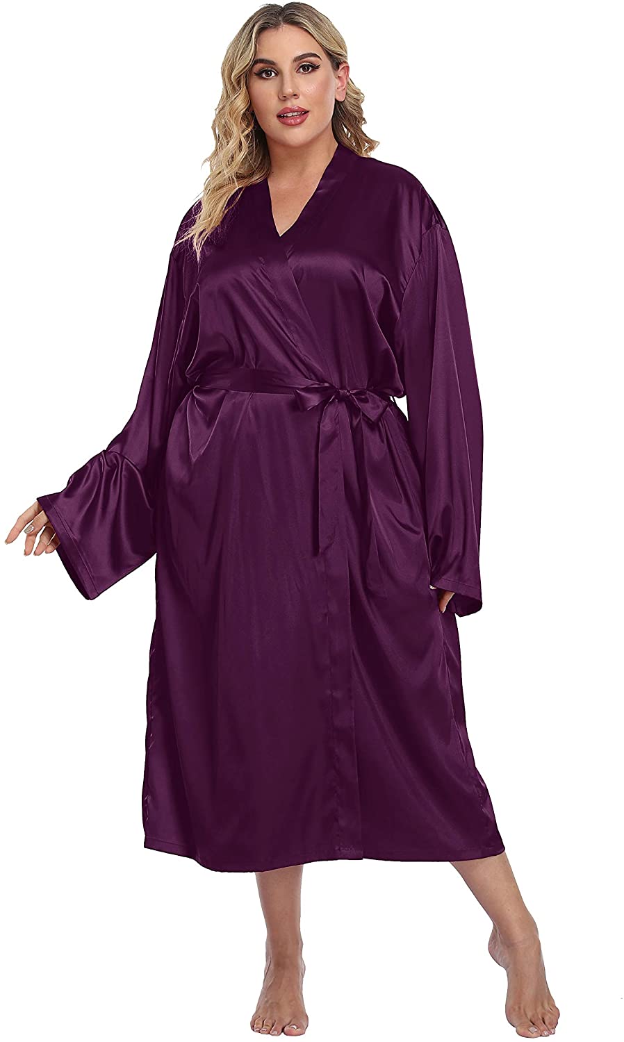 Price:$15.99 Plus Size Satin Robes Long Silky Kimono Bathrobes Bridesmaid Party Dressing Gown with Pockets at Amazon Women’s Clothing store