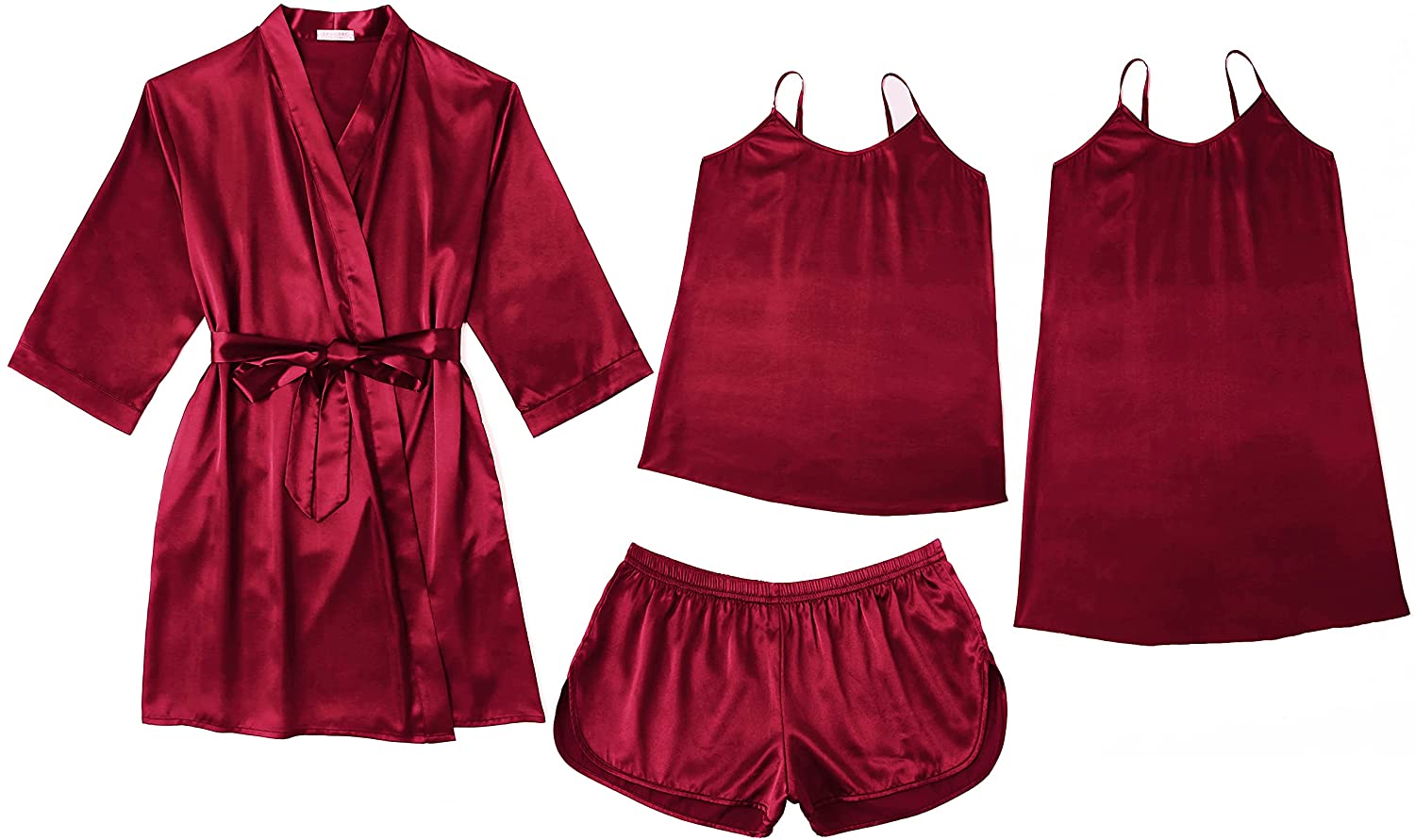 Price:$49.99 Women's 4pcs Pajama Set Silk Satin Robe Gift Set with Cami Shorts Set Mini Slip Chemise for Women at Amazon Women’s Clothing store
