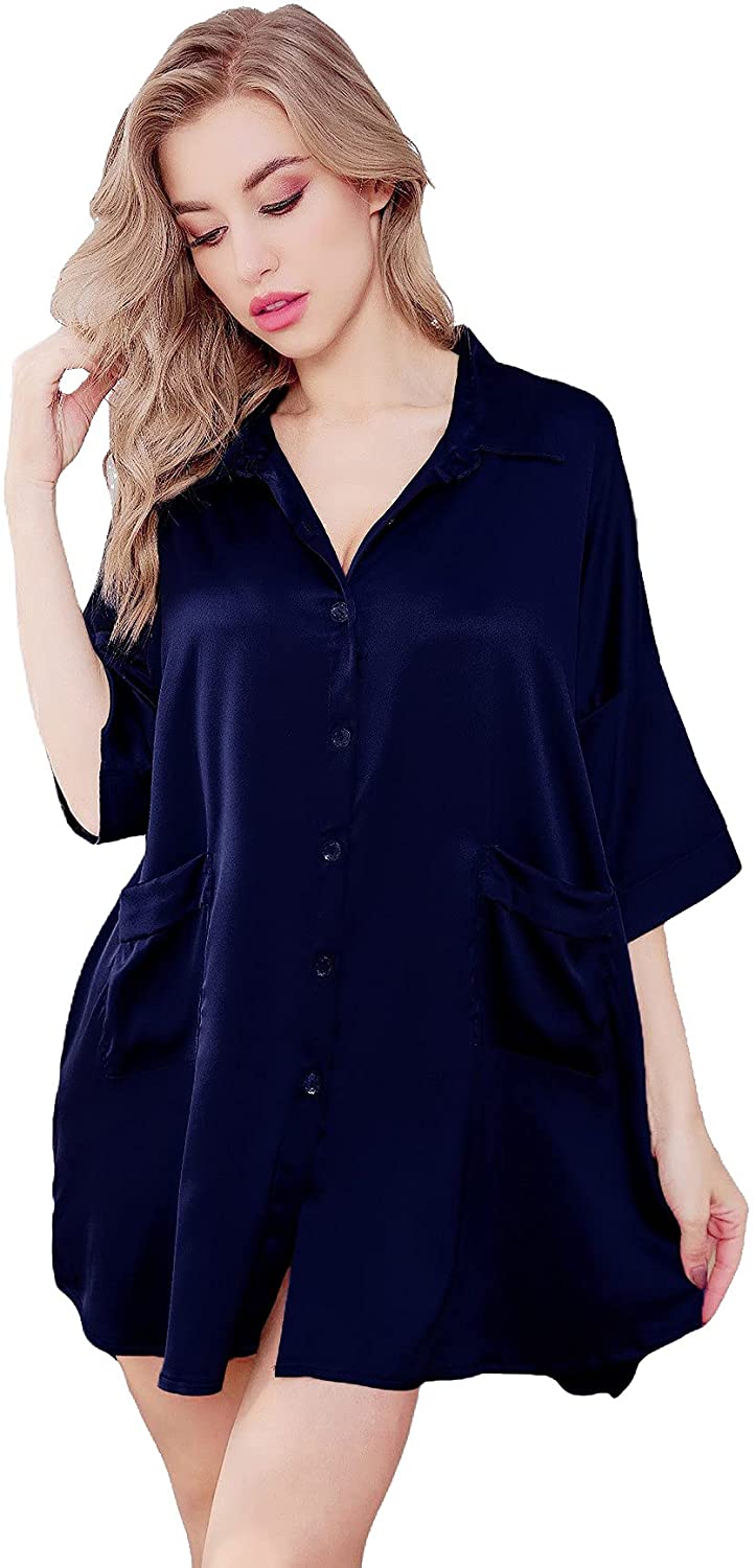 Price:$20.78 Button Up Dress Pajamas for Women, 3/4 Long Sleeve Women's Pajamas, Sexy Pink/Blue Plus Size Sleep Shirt at Amazon Women’s Clothing store