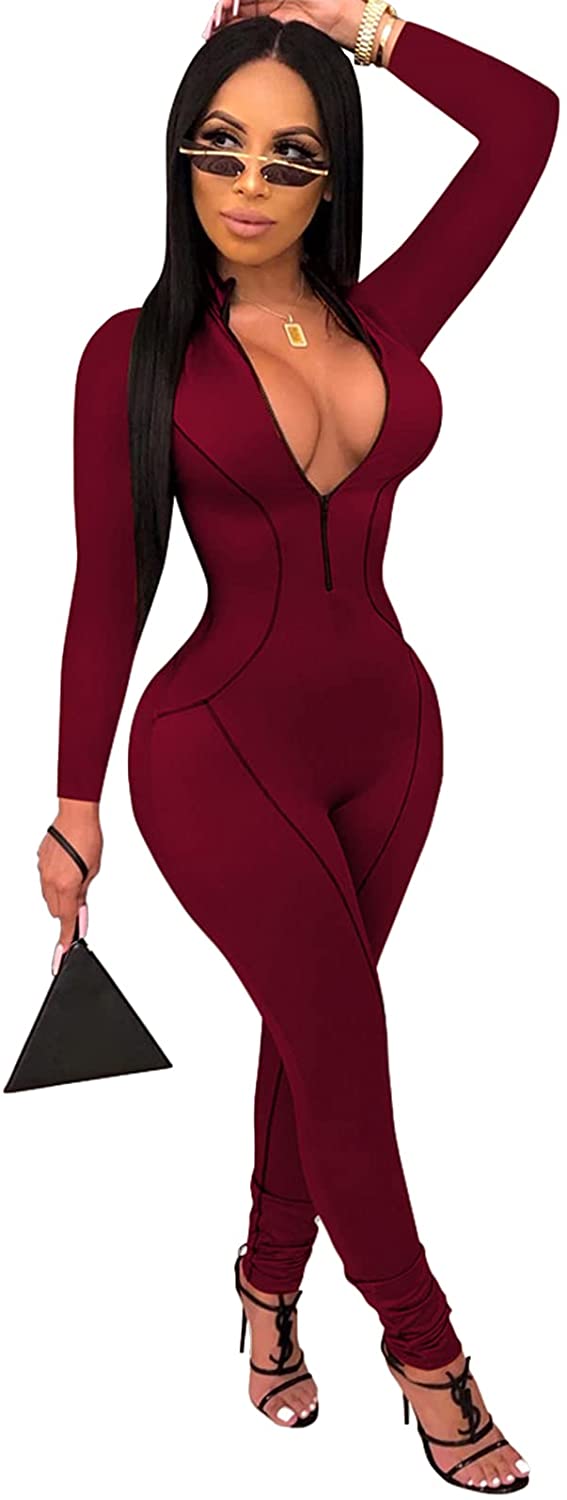 Price:$21.88 Women's Sexy Zip Up One Piece Outfits Deep V-Neck Long Sleeve Bodycon Long Pants Party Clubwear Jumpsuit Romper : Clothing, Shoes & Jewelry