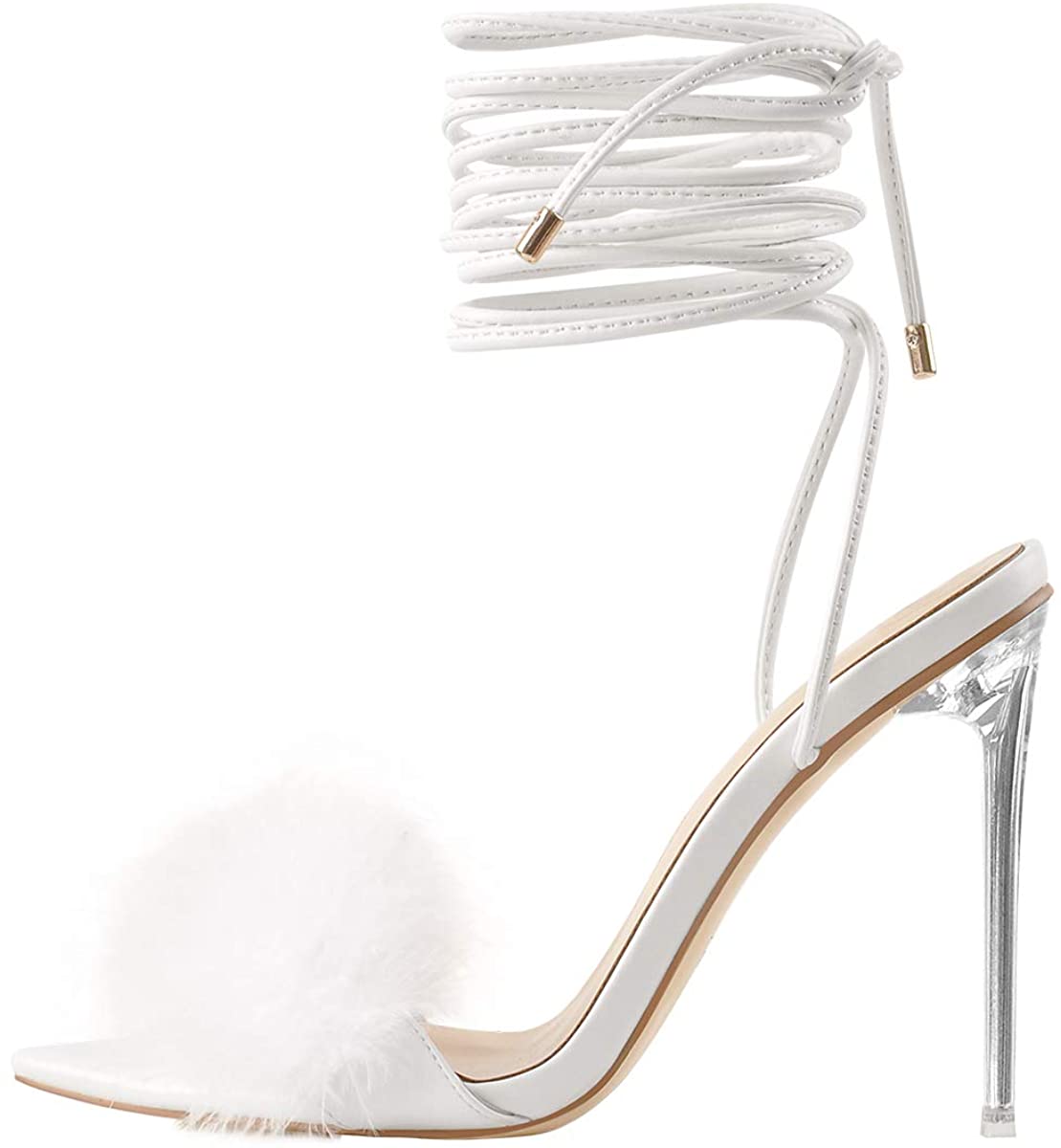 Price:$39.99 Women's Fluffy Feather Pointed Toe Clear Heels Sandals | Heeled Sandals