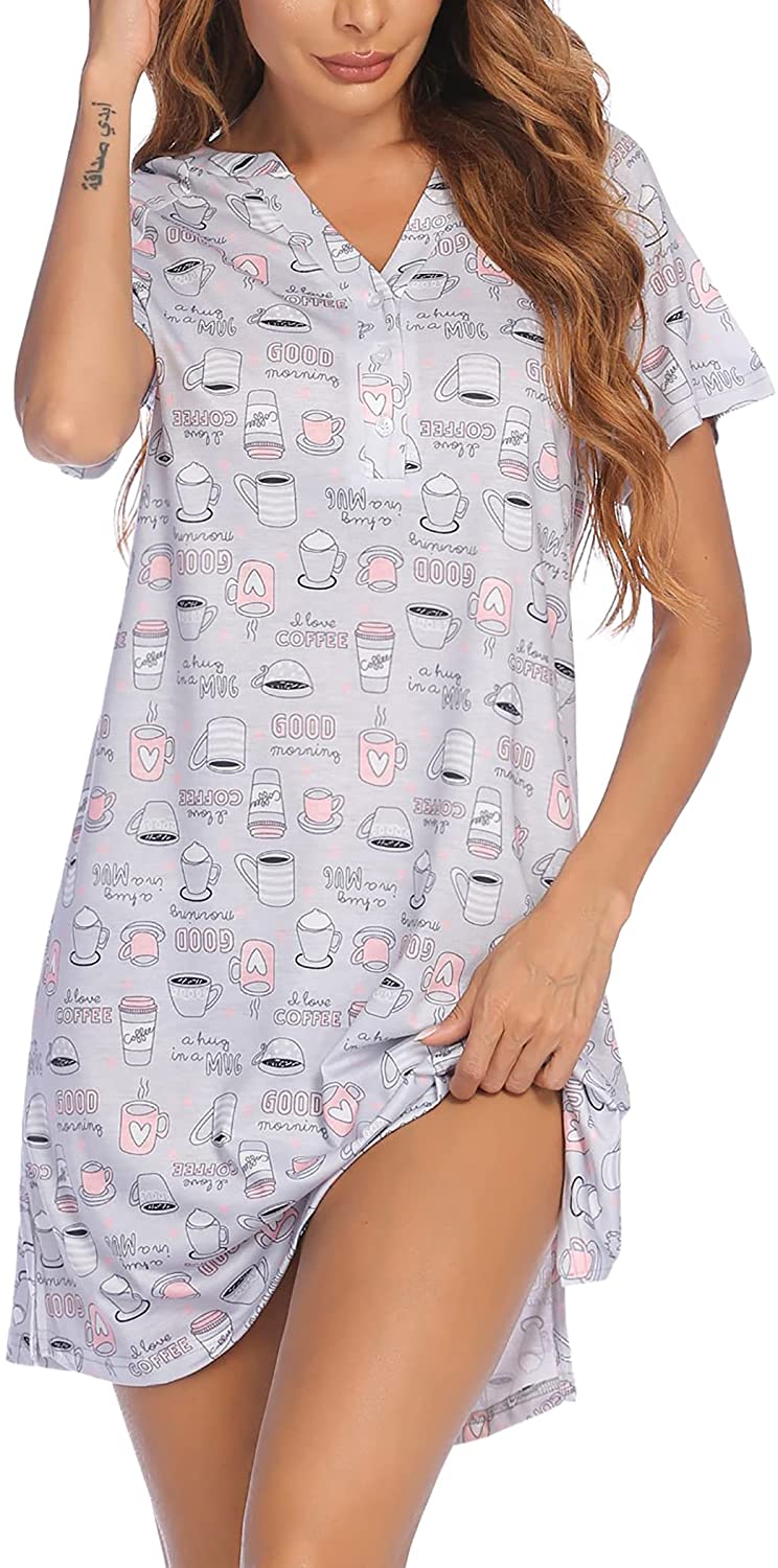 Price:$19.99 Women's Nightshirt Long Sleeve Button Down Nightgown V-Neck Sleepwear Short Sleeve Pajama Dress at Amazon Women’s Clothing store